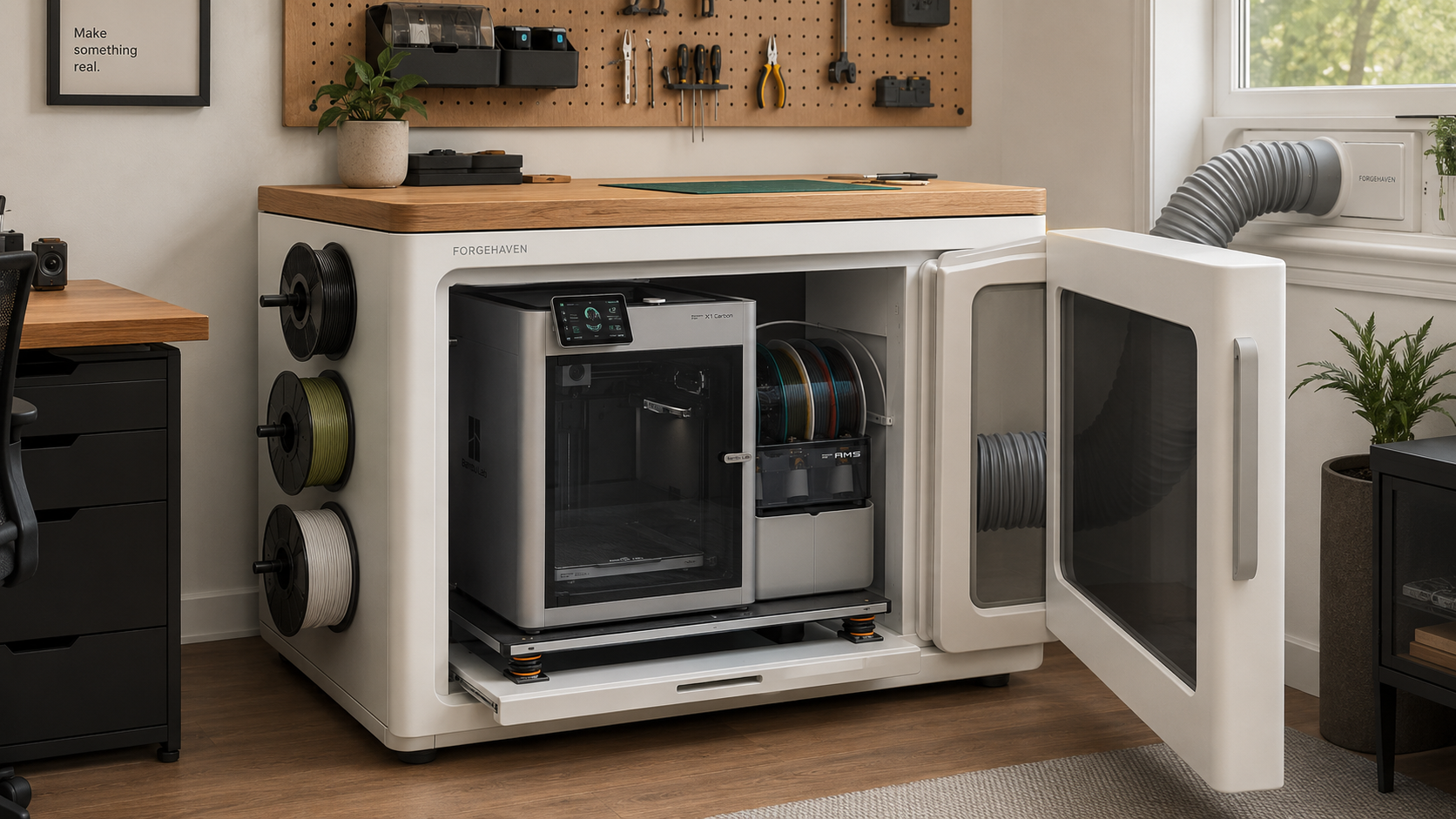 Omaxs 3D printer cabinet with dry filament storage and window exhaust