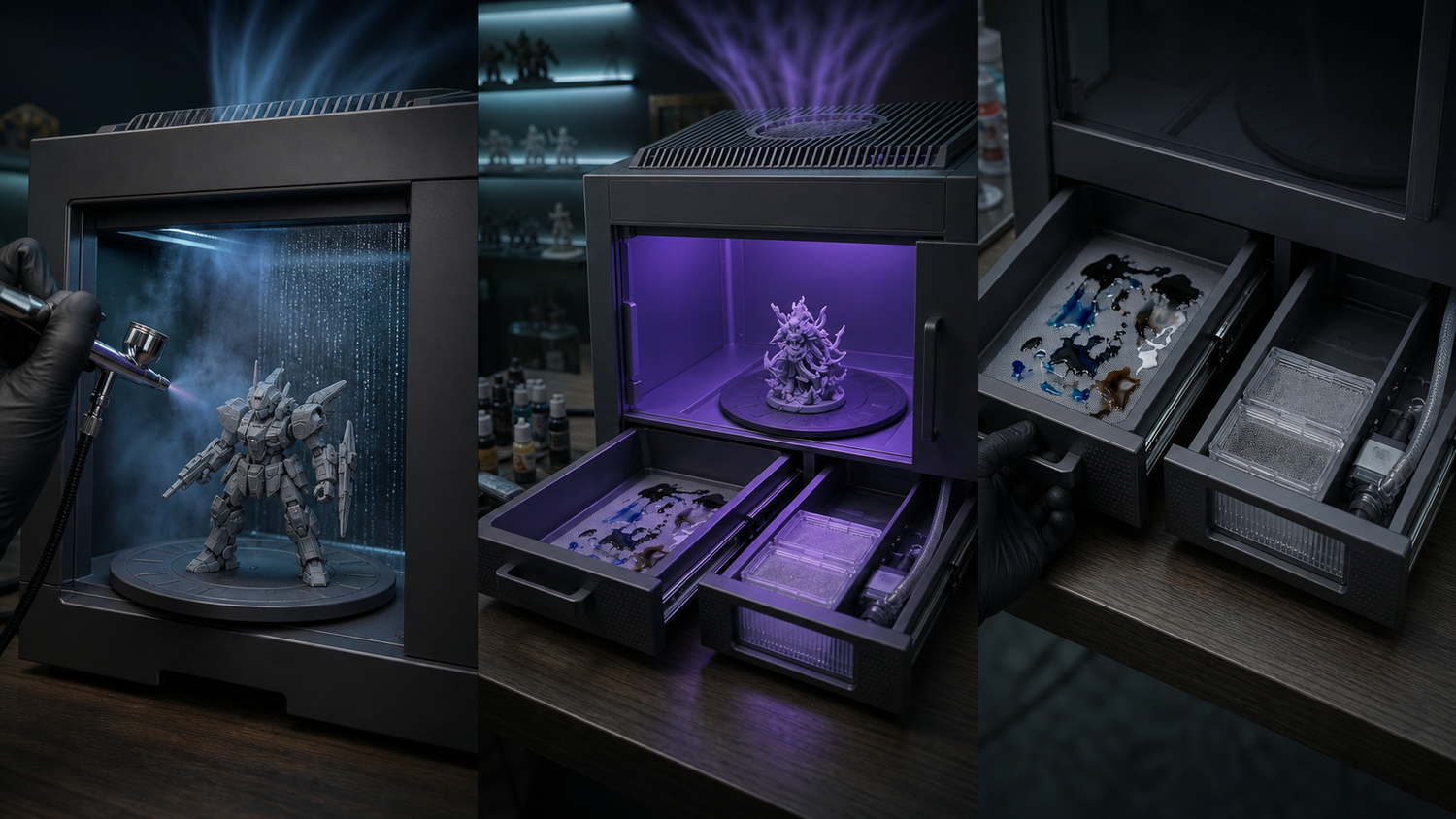 Close-up panels showing spray airflow, UV curing, and pull-out cleaning drawers