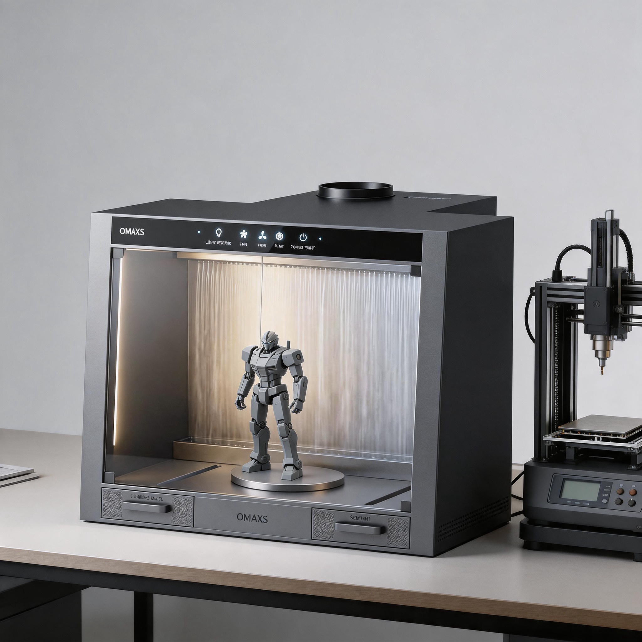 Omaxs Finishing Station beside a 3D printer for heat drying and post-processing