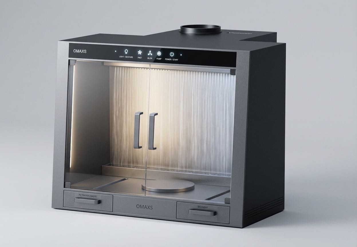 Omaxs Finishing Station standalone product render with illuminated chamber