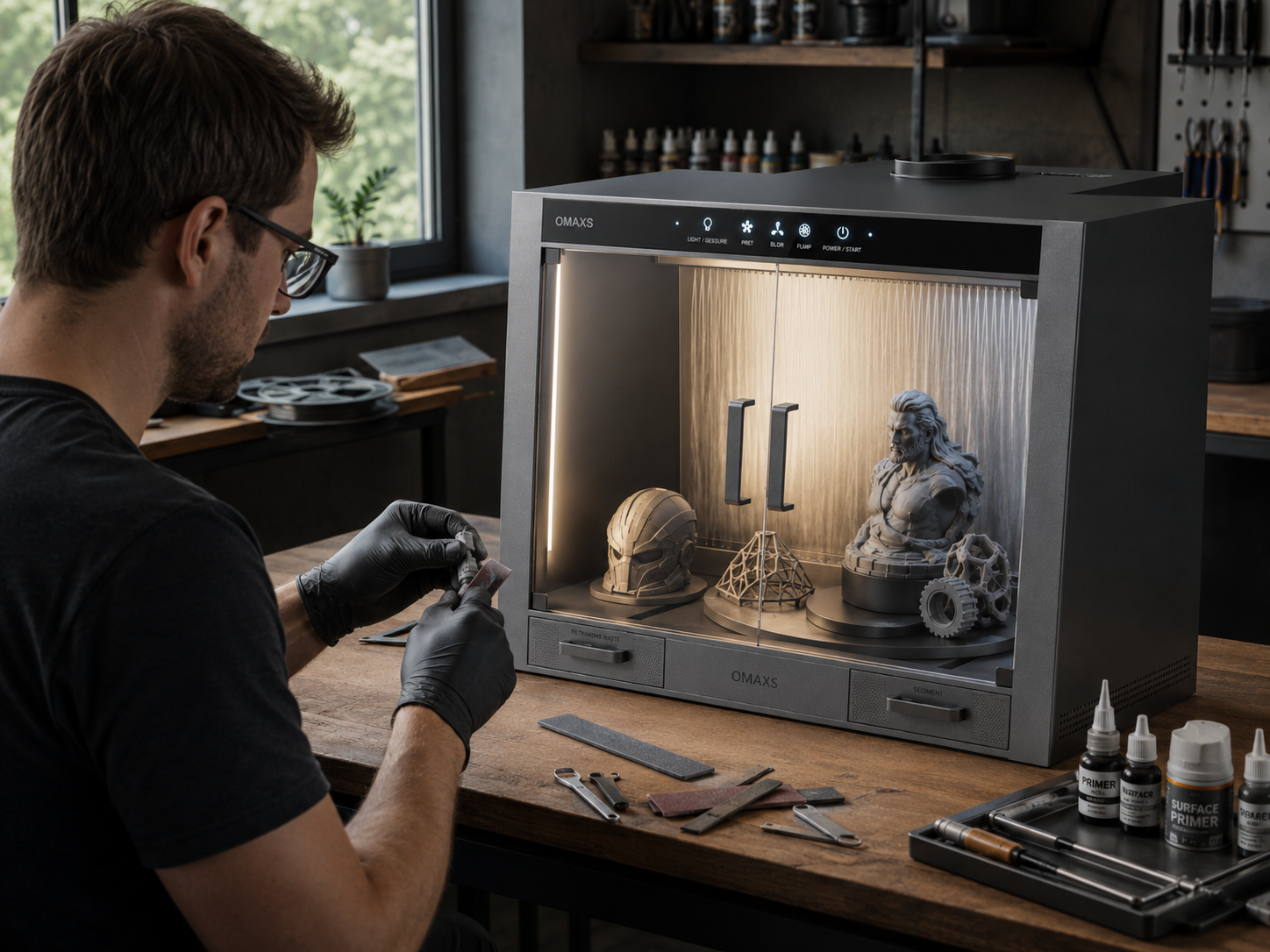Maker sanding a 3D printed part beside the Omaxs Finishing Station
