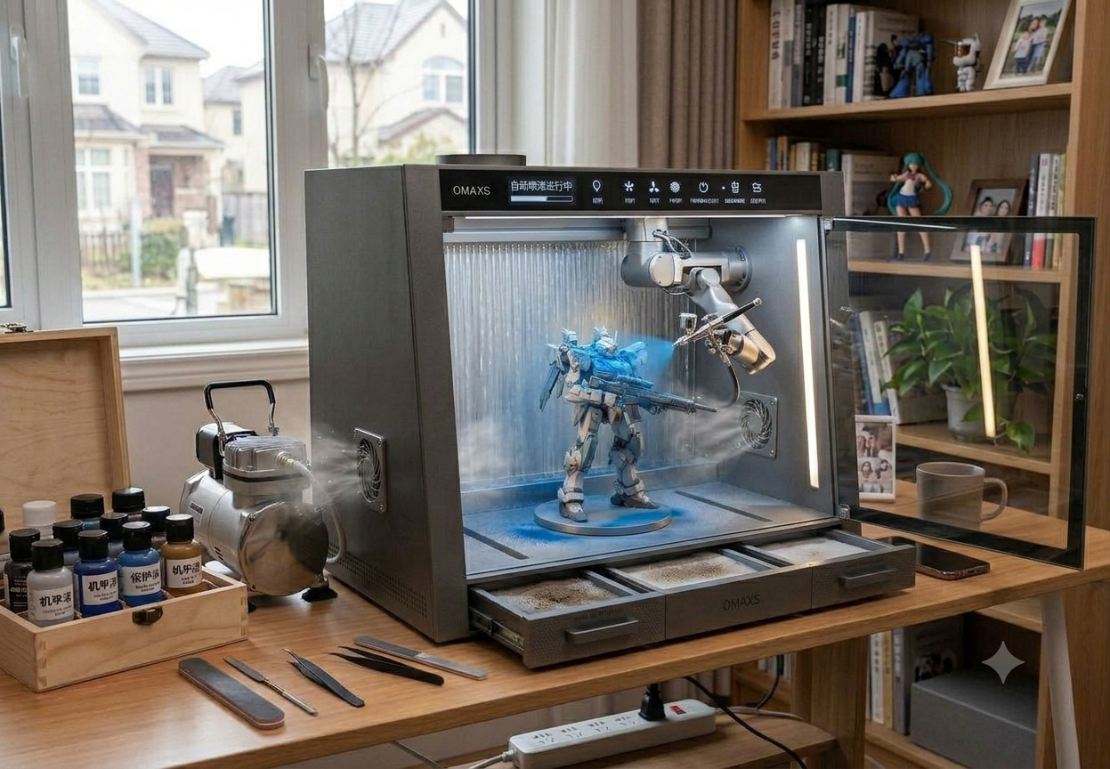 3D printed model being spray painted inside the Omaxs Finishing Station
