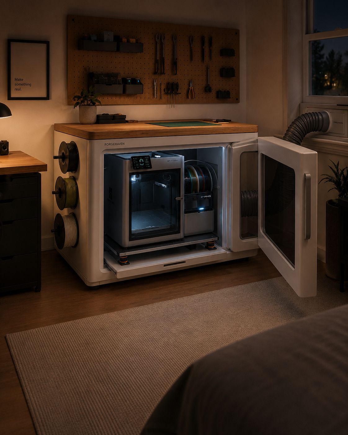 Omaxs quiet 3D printer workstation at night