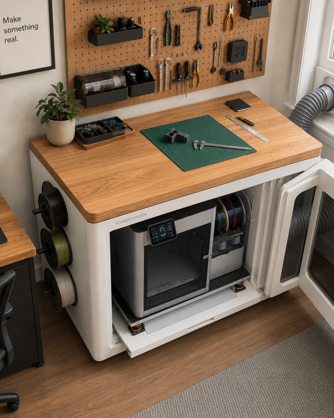 Omaxs oak workbench surface and pegboard detail